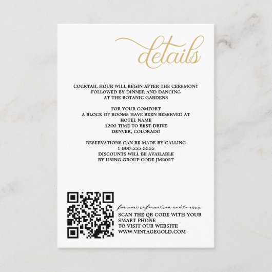 ヴィンテージ金ゴールドのQRコードと詳細 エンクロージャーカード (正面)
