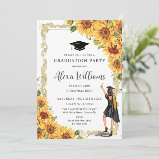 ヴィンテージ金ゴールドひまわり卒業ブルネットガール 招待状 (スタンド正面)