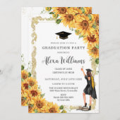 ヴィンテージ金ゴールドひまわり卒業ブルネットガール 招待状 (正面/裏面)