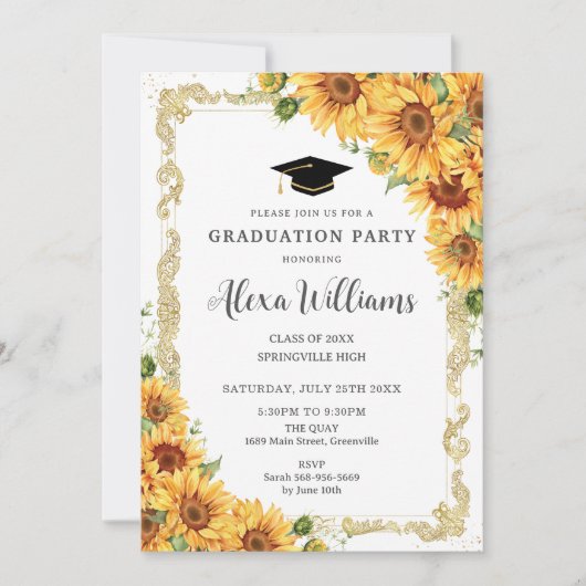 ヴィンテージ金ゴールドひまわり黄色フローラ卒業 招待状 (正面)