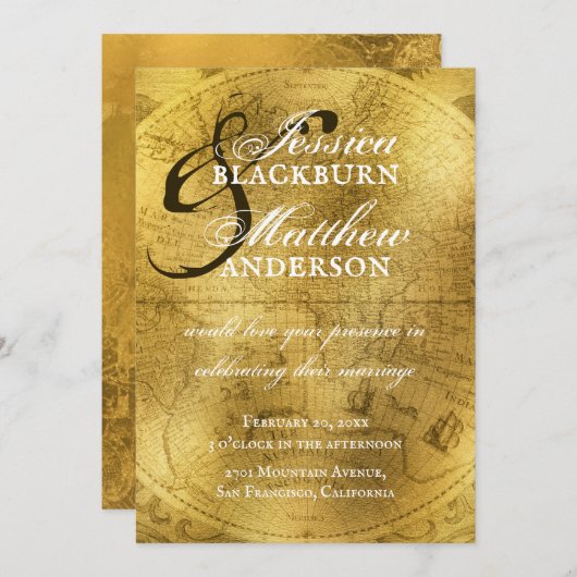 ヴィンテージ金ゴールドアンティークオールドワールド結婚マップ 招待状 (正面/裏面)