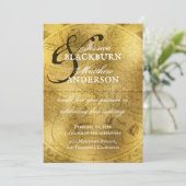 ヴィンテージ金ゴールドアンティークオールドワールド結婚マップ 招待状 (スタンド正面)