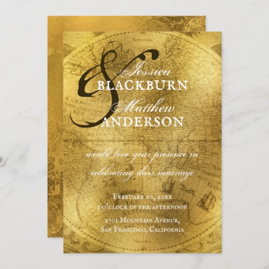 ヴィンテージ金ゴールドアンティークオールドワールド結婚マップ 招待状 (正面/裏面)