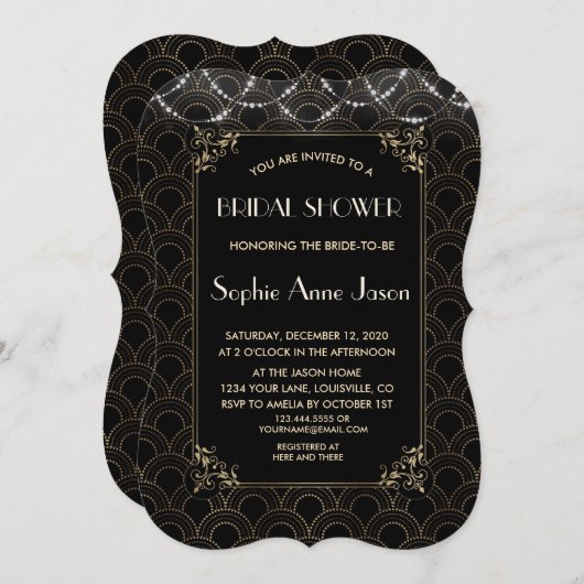 ヴィンテージ金ゴールドアールデコフルーアデリスブライダルシャワー 招待状 (正面/裏面)