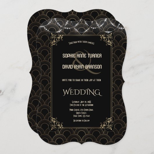 ヴィンテージ金ゴールドアールデコフルーアデリス結婚ズ 招待状 (正面/裏面)