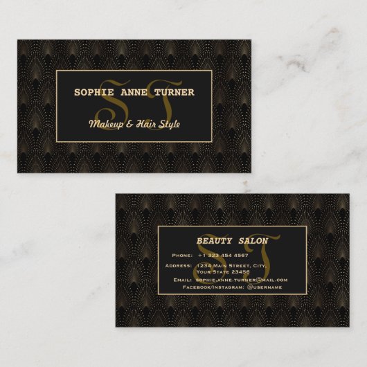 ヴィンテージ金ゴールドアールデコモノグラムメイクアップアーティスト 名刺 (正面/裏面)