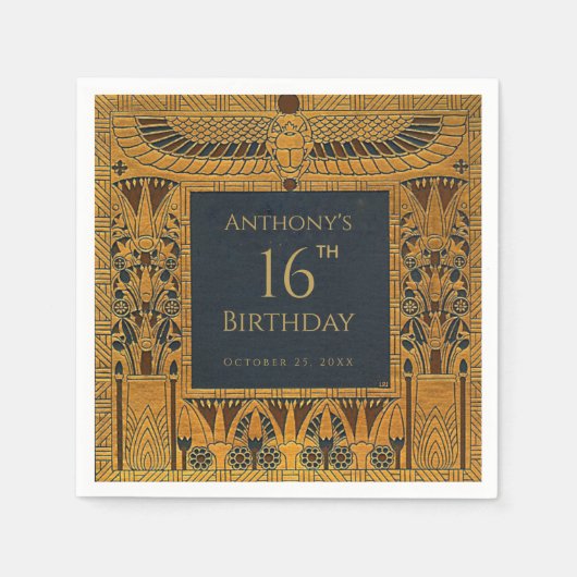 ヴィンテージ金ゴールドエジプトをテーマにした誕生日ブエレガントルー スタンダードカクテルナプキン (正面)