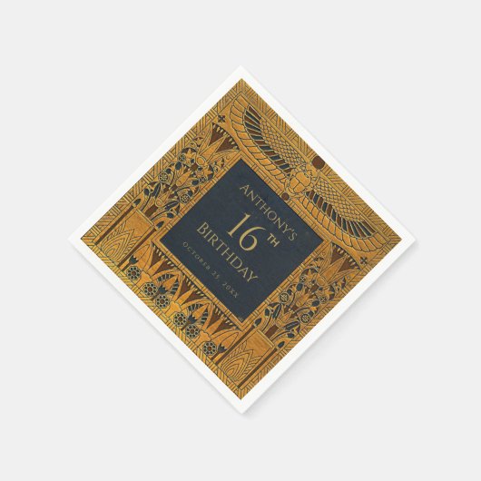 ヴィンテージ金ゴールドエジプトをテーマにした誕生日ブエレガントルー スタンダードカクテルナプキン (角)
