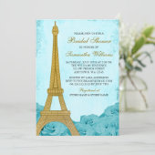 ヴィンテージ金ゴールドエッフェルタワーティール(緑がかった色)バラブライダルシャワー 招待状 (スタンド正面)