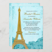 ヴィンテージ金ゴールドエッフェルタワーティール(緑がかった色)バラブライダルシャワー 招待状 (正面/裏面)