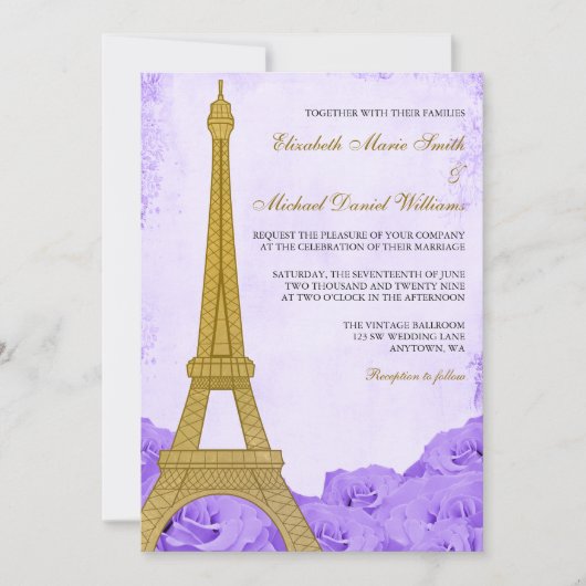 ヴィンテージ金ゴールドエッフェルタワーパープルバラ結婚ズ 招待状 (正面)