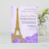 ヴィンテージ金ゴールドエッフェルタワーパープルバラ結婚ズ 招待状 (スタンド正面)