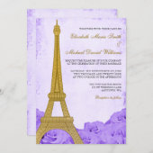 ヴィンテージ金ゴールドエッフェルタワーパープルバラ結婚ズ 招待状 (正面/裏面)