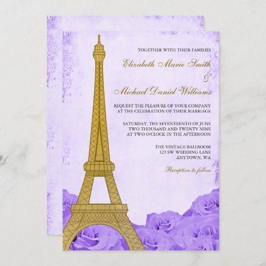 ヴィンテージ金ゴールドエッフェルタワーパープルバラ結婚ズ 招待状 (正面/裏面)