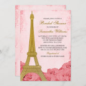ヴィンテージ金ゴールドエッフェルタワーピンクロセスブライダルシャワー 招待状 (正面/裏面)
