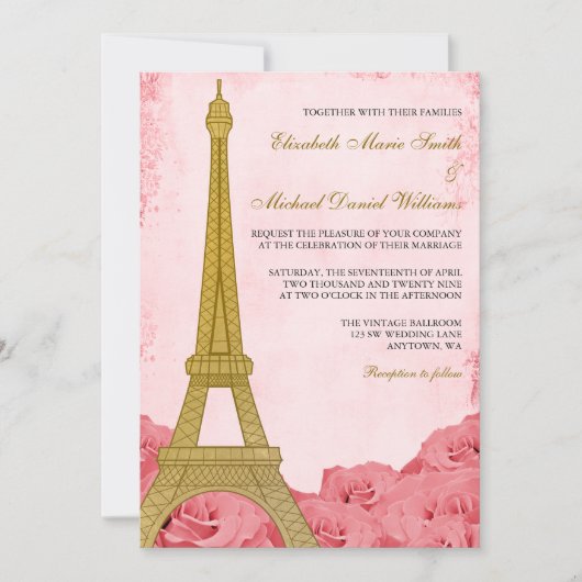 ヴィンテージ金ゴールドエッフェルタワーピンクロ結婚ーズ 招待状 (正面)