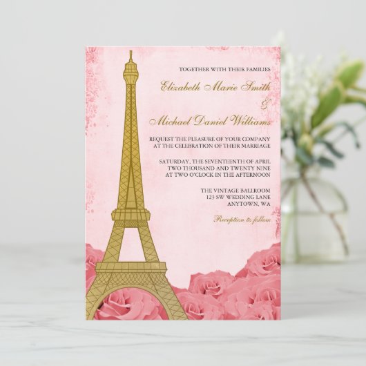 ヴィンテージ金ゴールドエッフェルタワーピンクロ結婚ーズ 招待状 (スタンド正面)