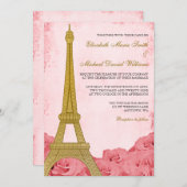 ヴィンテージ金ゴールドエッフェルタワーピンクロ結婚ーズ 招待状 (正面/裏面)