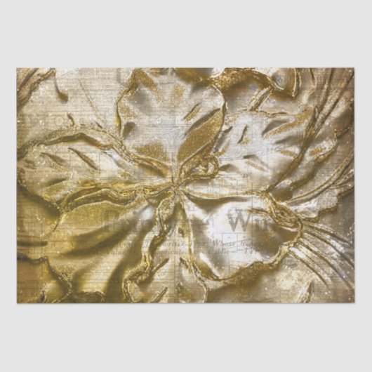 ヴィンテージ金ゴールドエンボスフローラモチーフホワイトグリッター 薄葉紙 (正面)