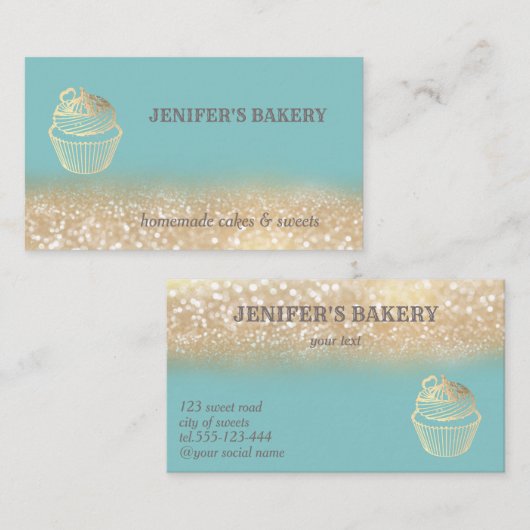 ヴィンテージ金ゴールドキラキラかわいいカップケーキベーカリー 名刺 (正面/裏面)
