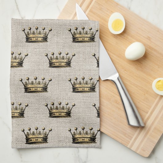 ヴィンテージ金ゴールドクラウンナチュラルリネンシックロイヤリティおもしろい キッチンタオル (四つ折り)