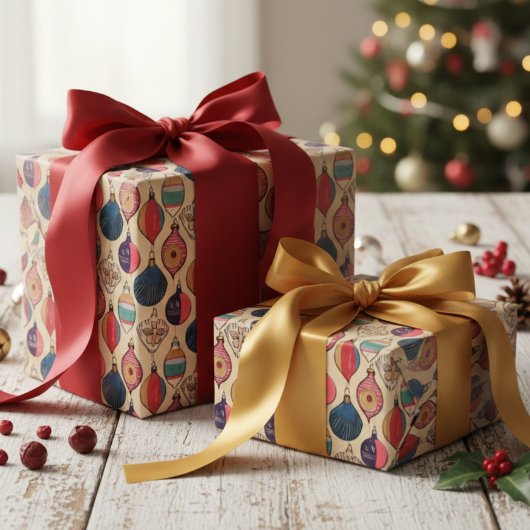 ヴィンテージ金ゴールドクリスマスオーナメントラップ紙 ラッピングペーパー