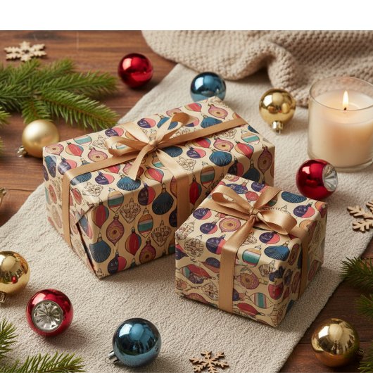 ヴィンテージ金ゴールドクリスマスオーナメントラップ紙 ラッピングペーパー