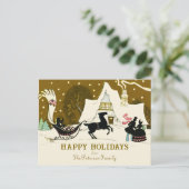 ヴィンテージ金ゴールドクリスマスパーティー冬のシーン シーズンポストカード (スタンド正面)