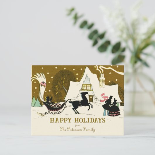 ヴィンテージ金ゴールドクリスマスパーティー冬のシーン シーズンポストカード (スタンド正面)