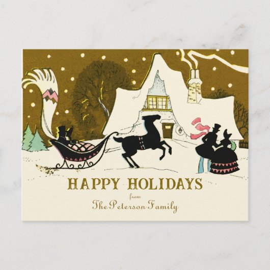 ヴィンテージ金ゴールドクリスマスパーティー冬の夜景 シーズンポストカード (正面)