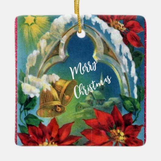 ヴィンテージ金ゴールドクリスマスベルズポインセチアオーナメント セラミックオーナメント (正面)