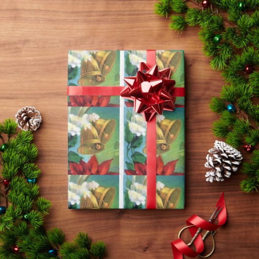 ヴィンテージ金ゴールドクリスマスベルズ ラッピングペーパー (クリスマスギフト)