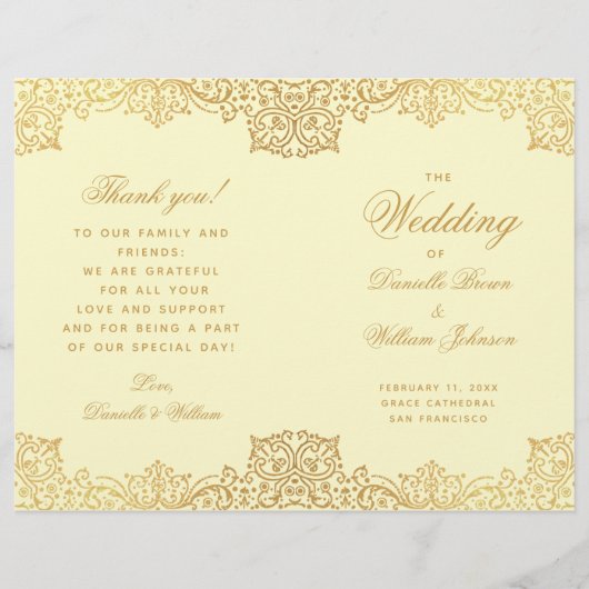 ヴィンテージ金ゴールドクリームエレガント折り結婚式 プログラム (正面)