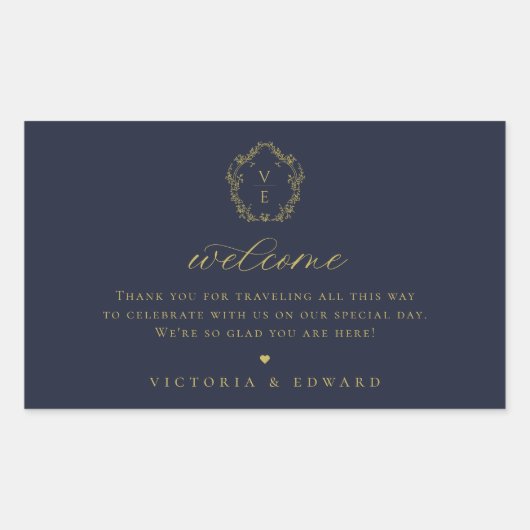 ヴィンテージ金ゴールドクレストモノグラム結婚のウェルカムネイビー 長方形シール (正面)