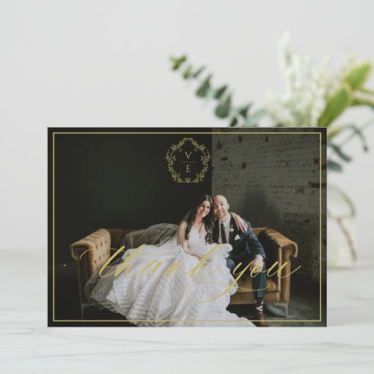 ヴィンテージ金ゴールドクレストモノグラ結婚ムの写真エメラルド サンキューカード (スタンド正面)