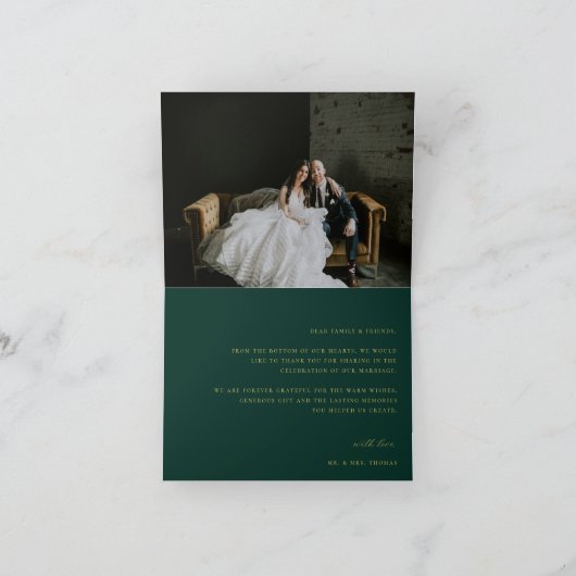 ヴィンテージ金ゴールドクレストモノグラ結婚ムの写真エメラルド サンキューカード (内部)