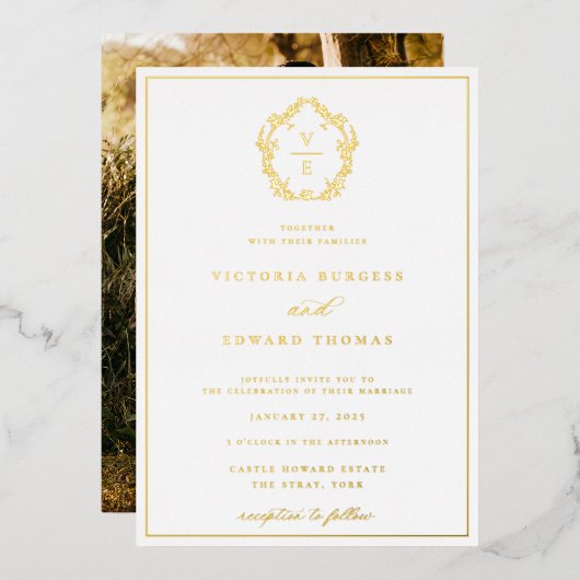 ヴィンテージ金ゴールドクレストモノグラ結婚ムの写真 箔招待状 (正面/裏面)