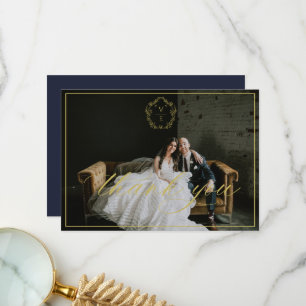 ヴィンテージ金ゴールドクレスト結婚モノグラムの写真海軍 サンキューカード