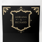 ヴィンテージ金ゴールドクレストQRコードブラック結婚ズ 三つ折り招待状 (内部最初)