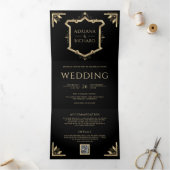 ヴィンテージ金ゴールドクレストQRコードブラック結婚ズ 三つ折り招待状 (内部)