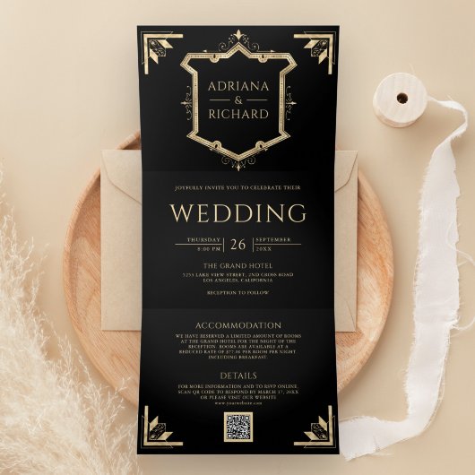 ヴィンテージ金ゴールドクレストQRコードブラック結婚ズ 三つ折り招待状