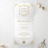 ヴィンテージ金ゴールドクレストQRコードホワイト結婚ズ 三つ折り招待状 (内部)