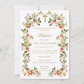 ヴィンテージ金ゴールドクロスフラワー&ストロベリーのバプテスマ 招待状 (正面)