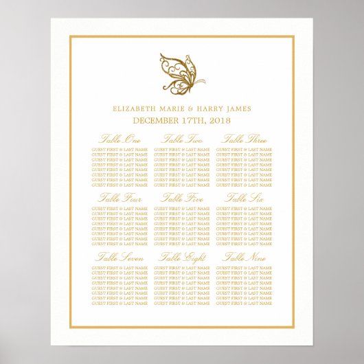 ヴィンテージ金ゴールドグリッターバタフライ座席表 ポスター (正面)