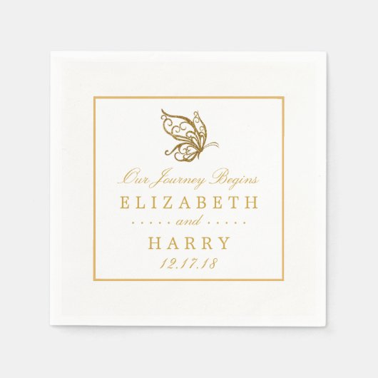 ヴィンテージ金ゴールドグリッターバタフ結婚ィーズ スタンダードカクテルナプキン (正面)
