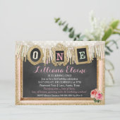 ヴィンテージ金ゴールドグリッター最初の誕生日バナー 招待状 (スタンド正面)