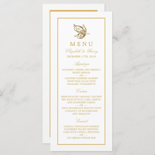 ヴィンテージ金ゴールドグリッター結婚バタフライのメニュー メニュー (正面/裏面)