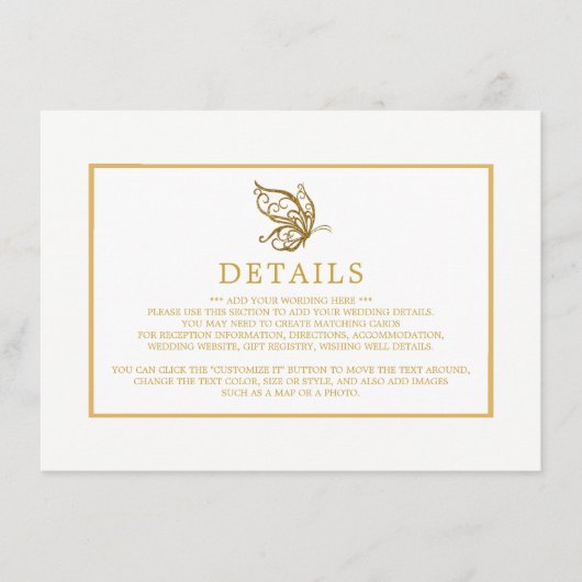 ヴィンテージ金ゴールドグリッター結婚バタフライ詳細 エンクロージャーカード (正面)
