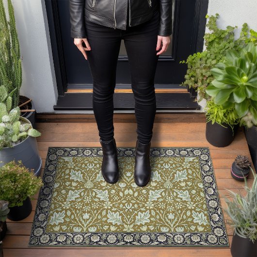 ヴィンテージ金ゴールドグリーンウィリアムモリスフローラルパターン ドアマット