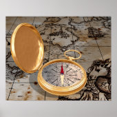 ヴィンテージ金ゴールドコンパスオンアンティーク海賊地図 ポスター (正面)